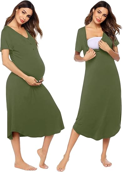 Ekouaer Womens Maternity Nightgown for Hospital Pregnancy Long Nightgowns Nursing Night Gown for Breastfeeding Army Green M