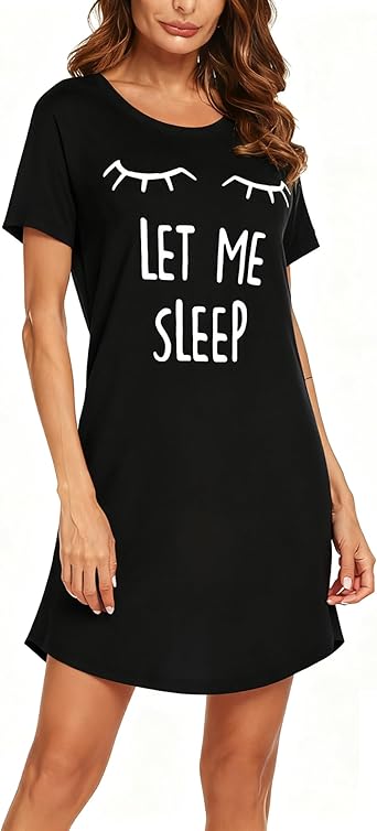 Ekouaer Womens Nightgown Short Sleeve Night Dress Printed Sleepwear Soft Sleep Shirt Black Sleep XL