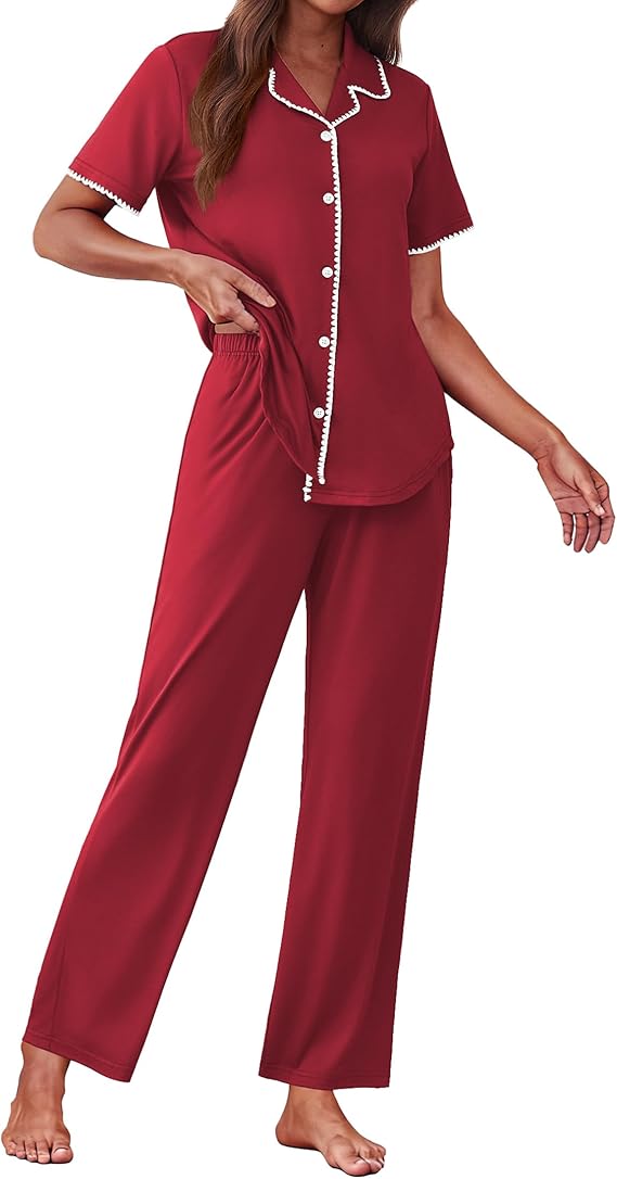 Ekouaer Women's Pajama Sets Button Down Loungewear Short Sleeve Sleepwear 2 Piece Pants Pjs Set with Pockets