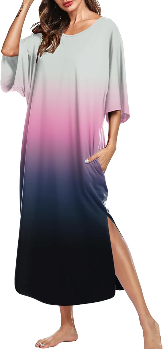 Ekouaer Women's Nightgown Short Sleeve Sleepshirt Long Loungewear Casual Maxi Lounge Dress House Dresses with Pockets