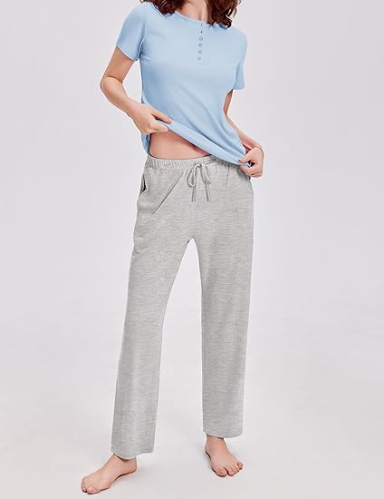 Ekouaer Womens Pajamas Sets Soft Ribbed Knit PJs Short Sleeve Sleepwear Sets Button Plaid Lounge Set