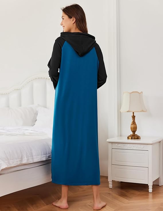 Ekouaer Nightgowns for Women Cotton Nightgown Long Sleeve Hooded Night Gown Contrast Color Full Length Loungewear with Pocket