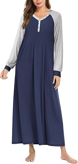 Ekouaer Nightgown Long Sleeve for Women Sleepwear V Neck Loungewear Button Full Length Nightshirt