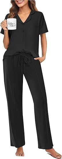 Ekouaer Pajamas for Women Set Button Up Sleepswear 2 Piece Short Sleeve PJ Top and Long Pants Loungwear With Pocket