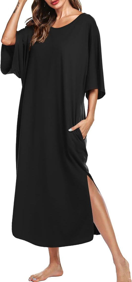 Ekouaer Women's Nightgown Short Sleeve Sleepshirt Long Loungewear Casual Maxi Lounge Dress House Dresses with Pockets