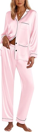 Ekouaer Silk Pajamas for Women Classic Button Down Satin Pajama Sets Long Sleeve Lounge Set