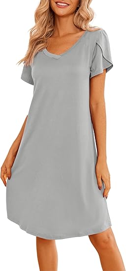 Ekouaer Womens Nightgown Short Sleeves Sleepwear V Neck Nightgowns for Women Petal Sleeves Houses Dress Sleepshirt