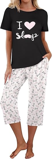 Ekouaer Pajamas for Women Set Short Sleeve Sleepwear Tops with Capri Pants Prints Funny Two Piece Pj Set