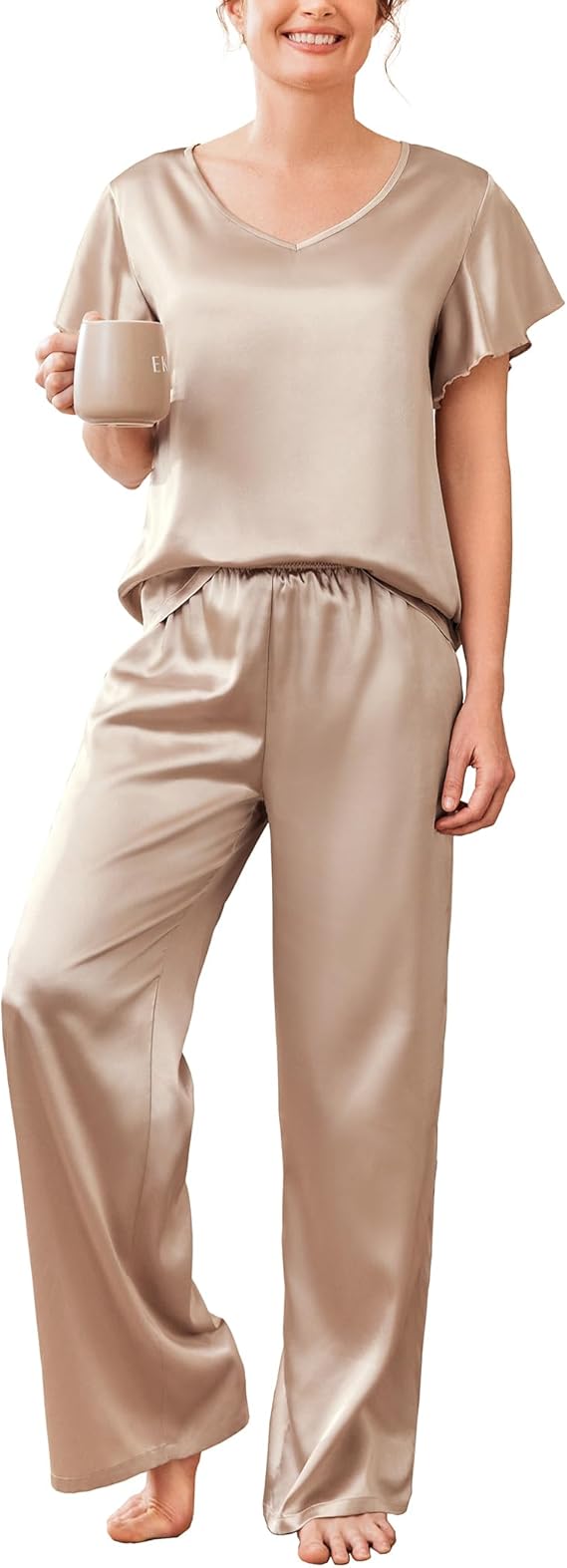 Ekouaer Women's Satin Silky Pajama Set 2 Piece Short Sleeve Shirt with Long Pants Pjs Sets Soft PJ Loungewear