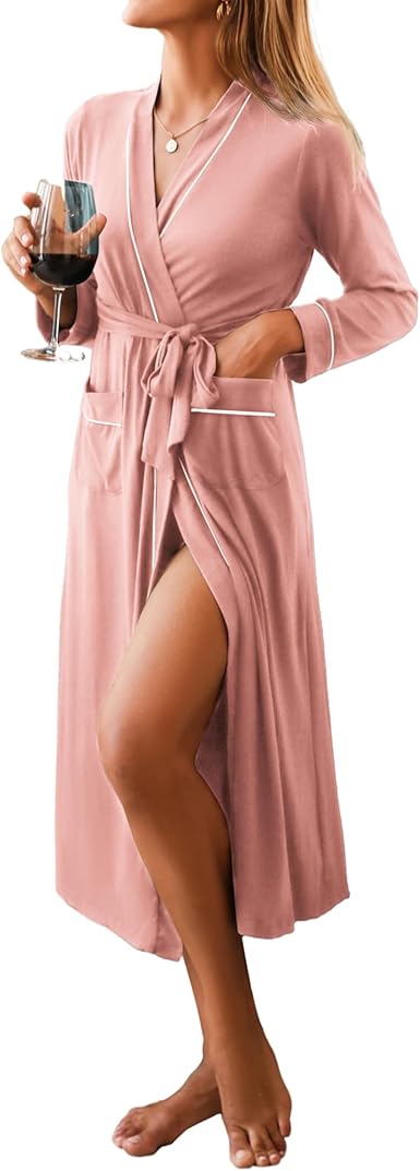 Ekouaer Women Robes Full Length Knit Bathrobe Lightweight Soft Sleepwear V-neck Casual Ladies Loungewear