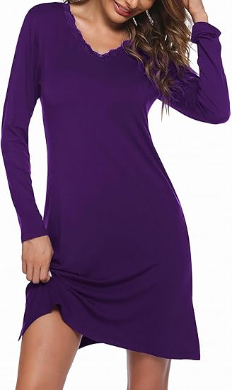 Ekouaer Long Sleeve Nightgowns for Women Sexy Lace Night Shirt V Neck Sleep Shirt Soft Sleepwear