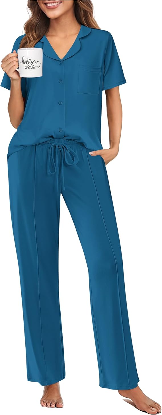 Ekouaer Pajamas for Women Set Button Up Sleepswear 2 Piece Short Sleeve PJ Top and Long Pants Loungwear With Pocket