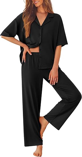 Ekouaer Women Pajamas Set Button Down Sleepwear Short Sleeve Pjs Soft Comfy Nightwear with Long Pants