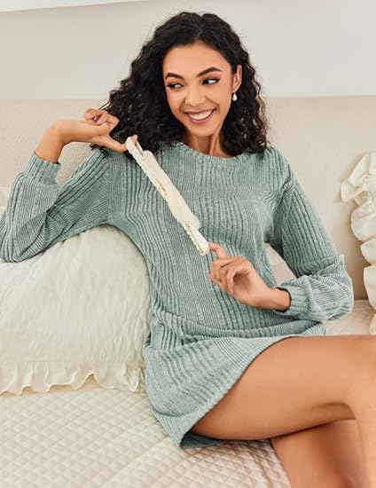 Ekouaer Women's Nightgown Long Sleeve Ribbed Knit Nightshirt Round Neck Sleep Shirt Soft Sweater Dress