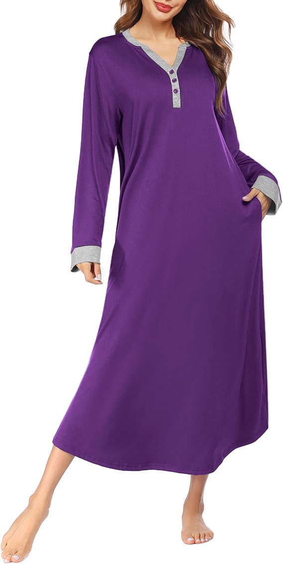 Ekouaer Womens Nightgown Long Loungewear V Neck Nightshirt Sleepwear Full Length Sleepshirt with Pockets