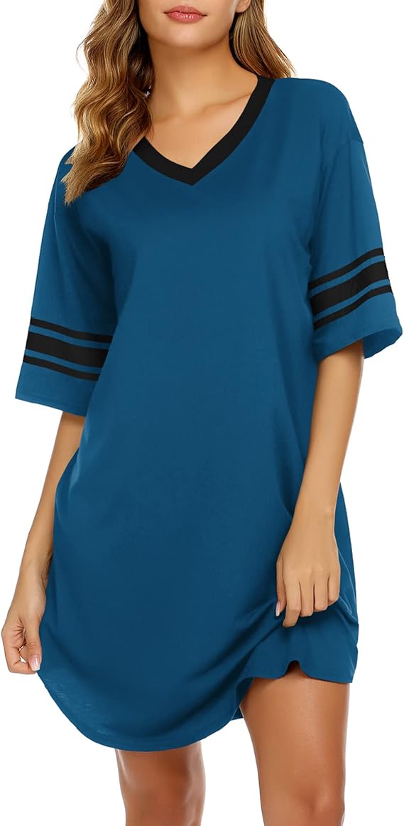 Ekouaer Womens Nightgown Cotton Sleepwear Short Sleeve Sleep Shirt V Neck Color Block Nightshirt