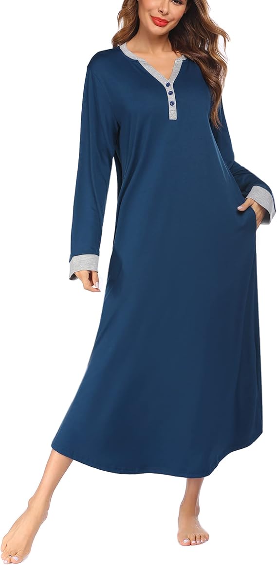 Ekouaer Womens Nightgown Long Loungewear V Neck Nightshirt Sleepwear Full Length Sleepshirt with Pockets