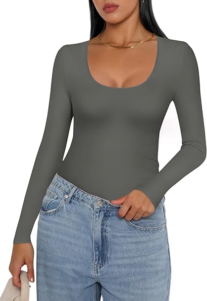 Ekouaer Women Long Sleeve Shirt Scoop Neck Tops Slim Fit Basic Top Thermal Undershirts Base Layer Tee