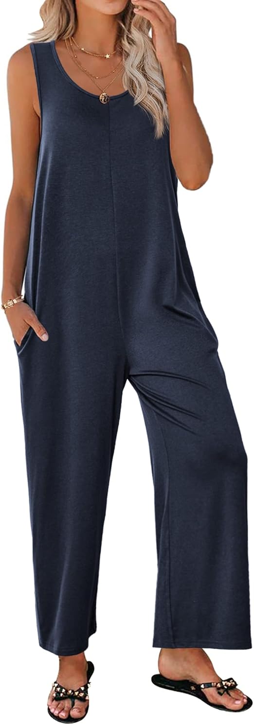 Ekouaer Sleeveless Jumpsuits for Women Casual Summer Scoop Neck Tank Rompers Wide Leg Pants Overall Jumpers with Pockets
