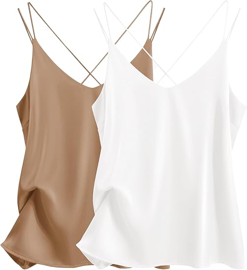 Ekouaer Womens Silk Satin Camisole Tank Tops V Neck Spaghetti Strap Blouses Cross Back Sleeveless Cami Shirt
