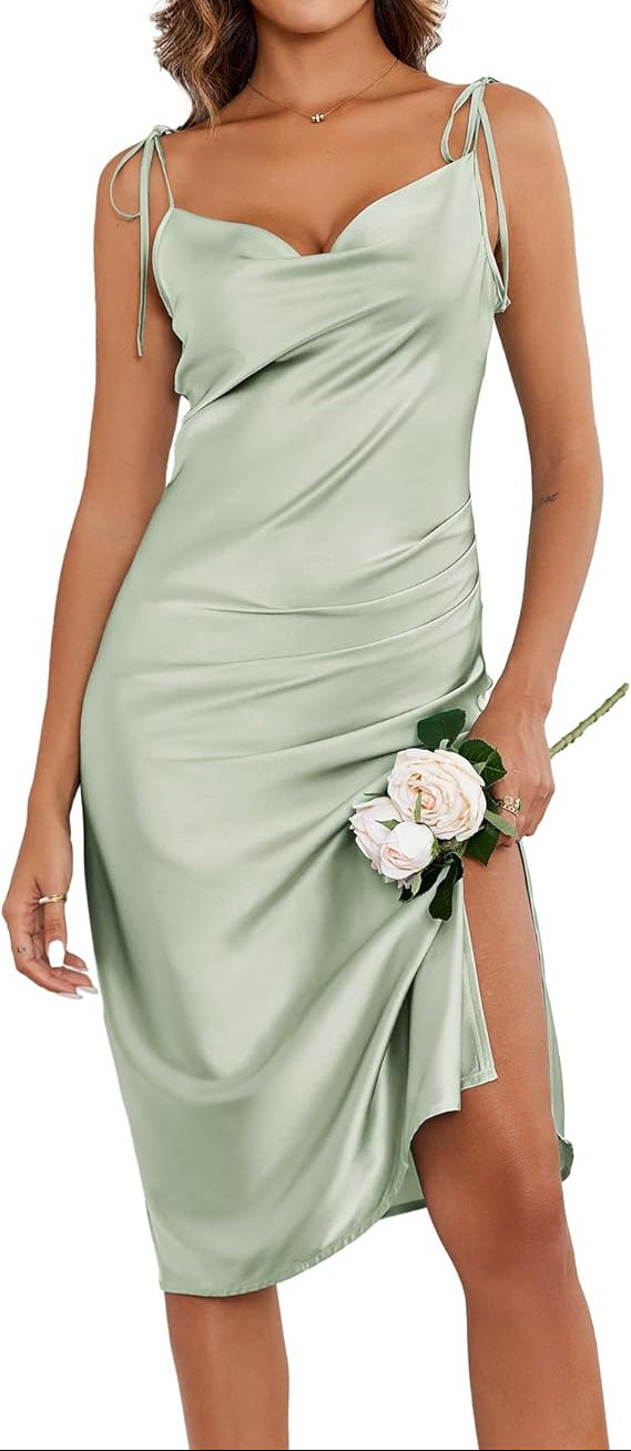 Ekouaer Women's Nightgown Satin Slip Dress Lingerie Sleepwear Long Slip Silk Midi Dress Spaghetti Strap