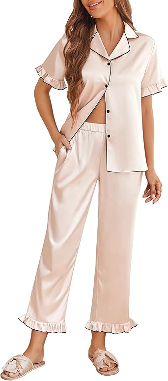 Ekouaer Silk Pajamas for Women Satin Short Sleeve Pajamas Set with Ruffle 2 Pieces Button Down Tops and Pants