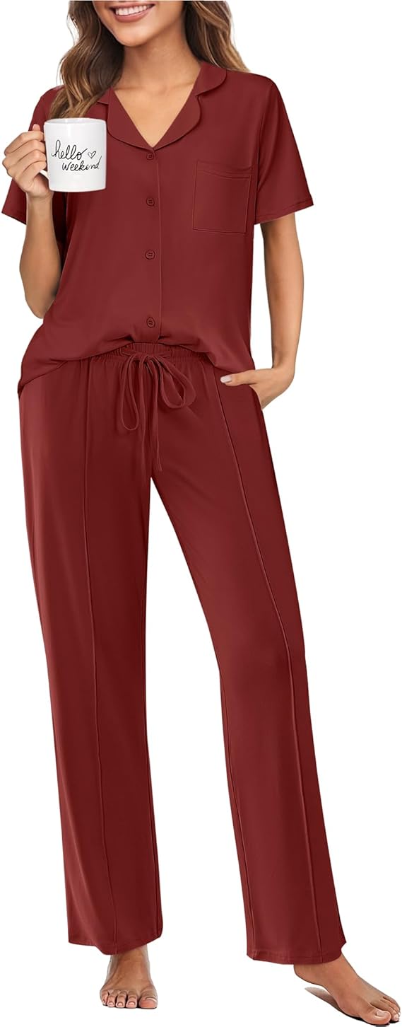 Ekouaer Pajamas for Women Set Button Up Sleepswear 2 Piece Short Sleeve PJ Top and Long Pants Loungwear With Pocket