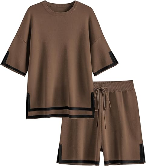 Ekouaer Womens Knit Lounge Set 2 Piece Sweater Sets Short Sleeve Sweatsuit Pullover Tops