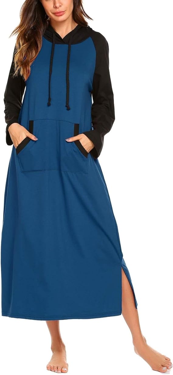 Ekouaer Nightgowns for Women Cotton Nightgown Long Sleeve Hooded Night Gown Contrast Color Full Length Loungewear with Pocket