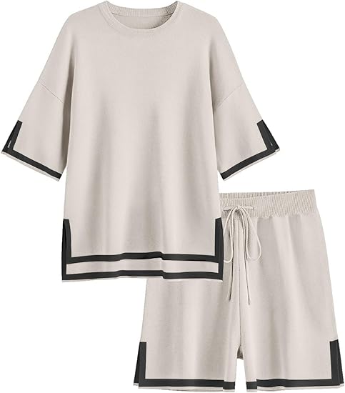 Ekouaer Womens Knit Lounge Set 2 Piece Sweater Sets Short Sleeve Sweatsuit Pullover Tops