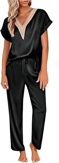 Ekouaer Silk Pajamas Set Womens Lace V Neck Loungewear Short Sleeve Satin Shirt with Long Pant Silky Pjs