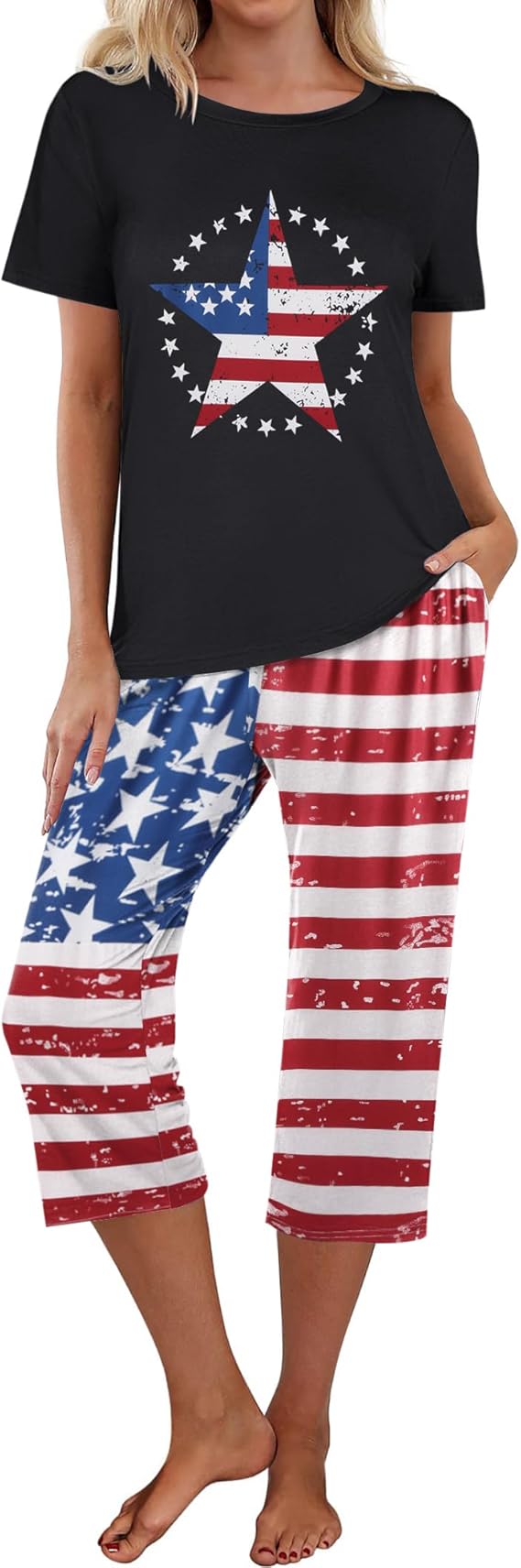 Ekouaer Pajamas for Women Set Short Sleeve Sleepwear Tops with Capri Pants Prints Funny Two Piece Pj Set