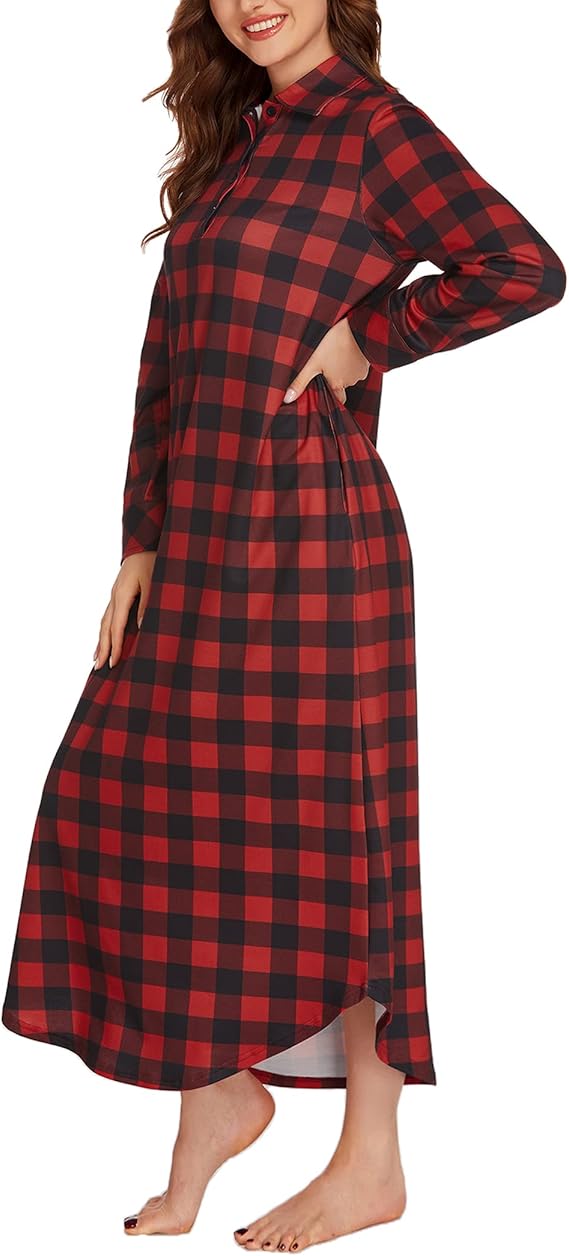 Ekouaer Women's Nightgown Long Sleeve Nightshirt Full Length Loungewear Plaid Sleepwear With Pockets