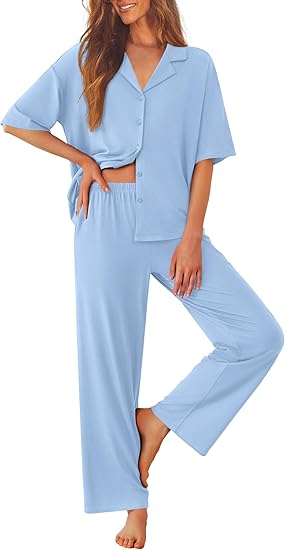 Ekouaer Women Pajamas Set Button Down Sleepwear Short Sleeve Pjs Soft Comfy Nightwear with Long Pants