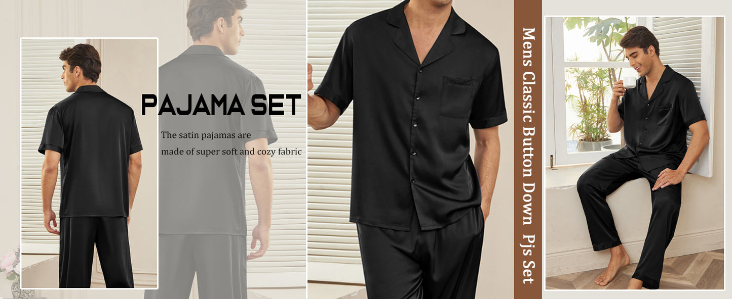 Ekouaer Men Satin Silk Pajamas Set 2 Piece Button Down Sleepwear Long Pants Loungewear with Pockets Black L