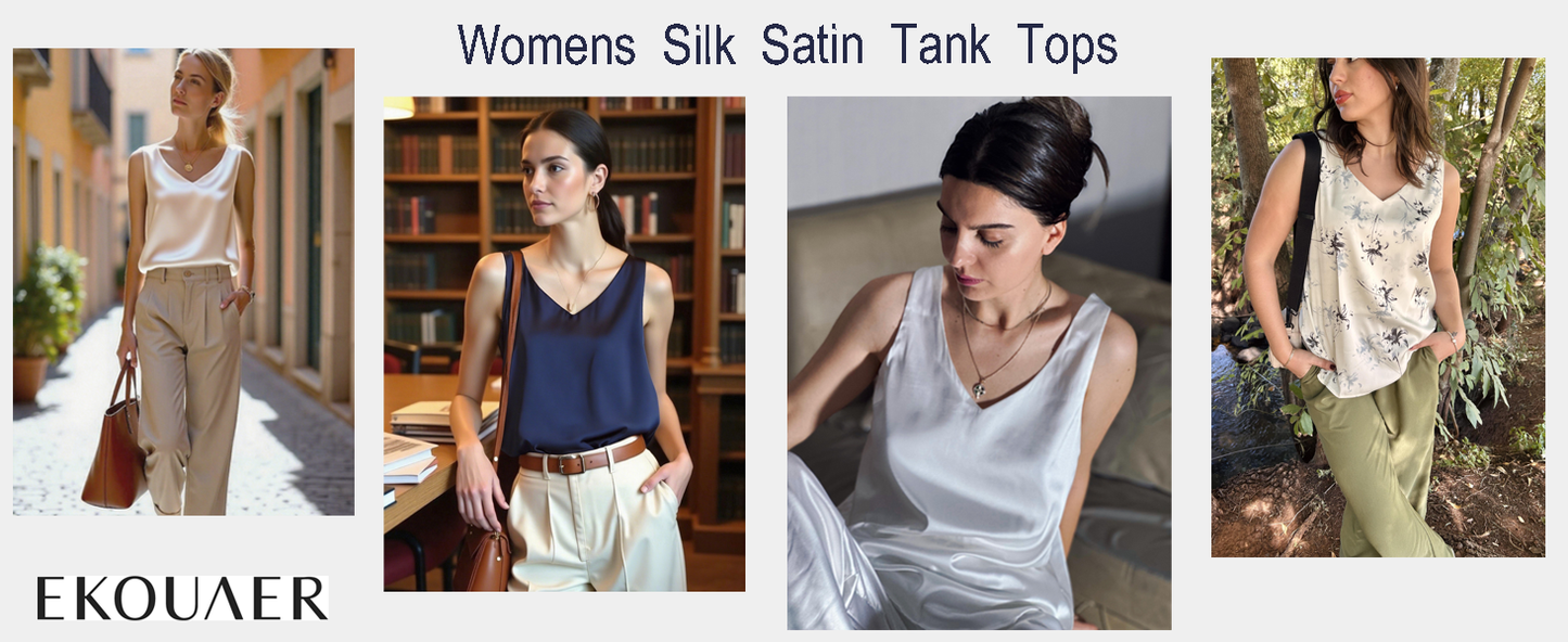Ekouaer Womens Silk Satin Tank Tops V Neck Casual Cami Sleeveless Camisole Blouses Summer Basic Tank Shirt