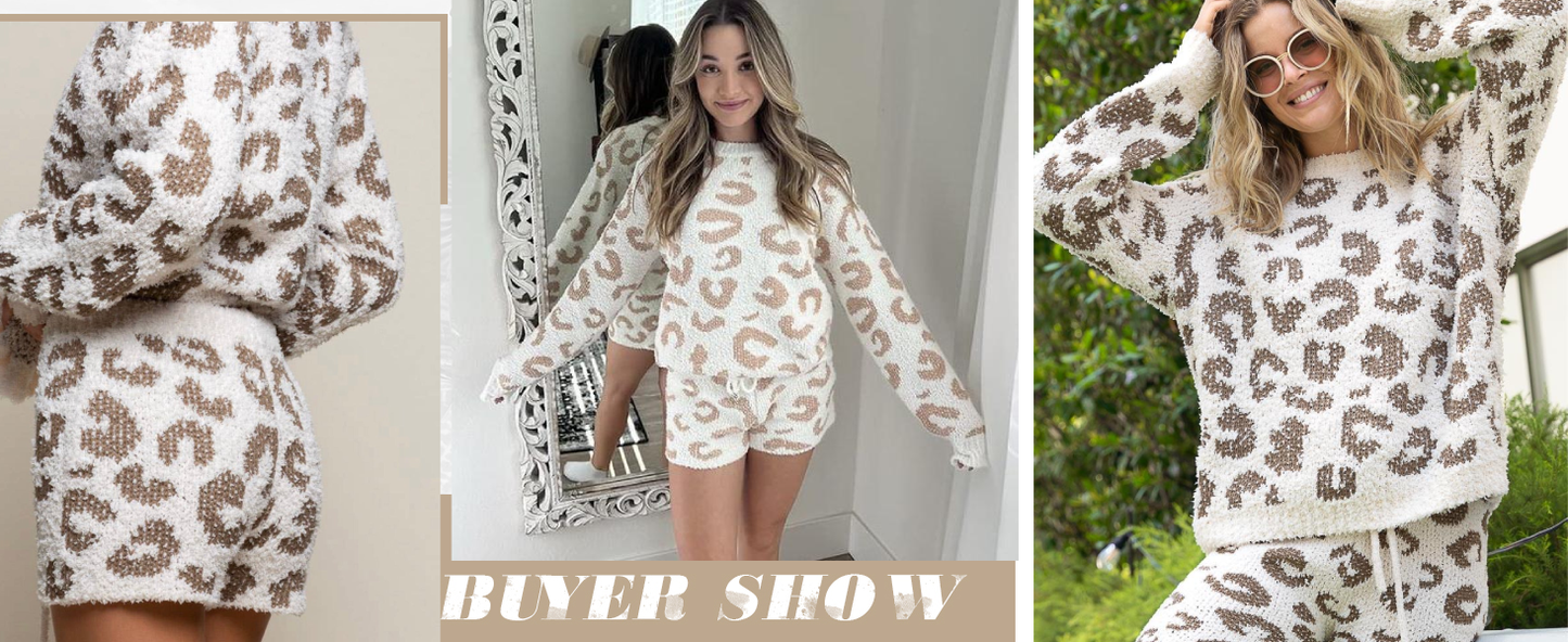 Ekouaer Fuzzy Fleece Pajamas 2 Piece Warm Soft Lounge Set Long Sleeve Sweater Top and Shorts Loungewear Outfits Sweatsuits