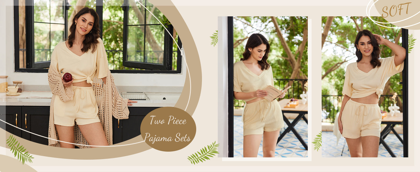 Ekouaer Women's 2 Piece Lounge Set V-Neck Pajama Sets Oversized Summer Outfits with Pockets