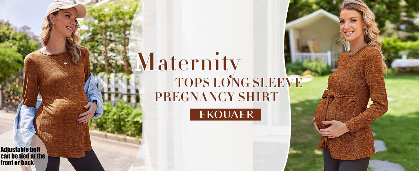 Ekouaer Women's Maternity Shirts Long Sleeve Pregnancy Tops Casual Ribbed Knit Winter Pregnant Blouses