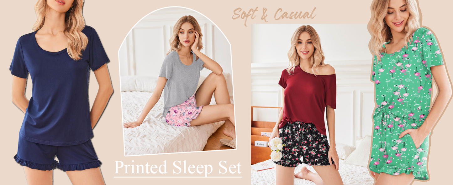 Ekouaer Womens Pajamas Short Sleeve Lounge Set Crew Neck Tops and Ruffle Shorts Pj Sets Soft Sleepwear with Pockets