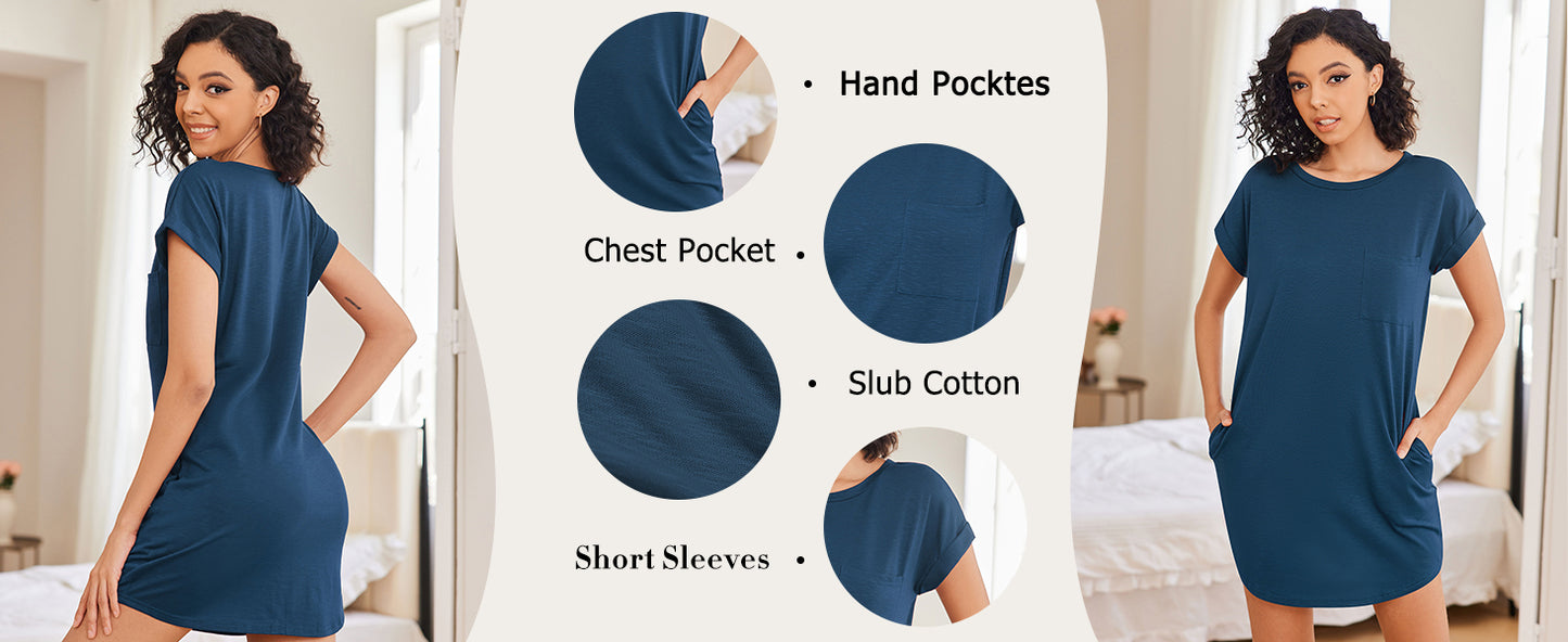 Ekouaer Tshirt Nightgowns for Women Slub-Knit Sleepshirt Soft Night Gown Casual Sleepwear Night Shirt with Pockets