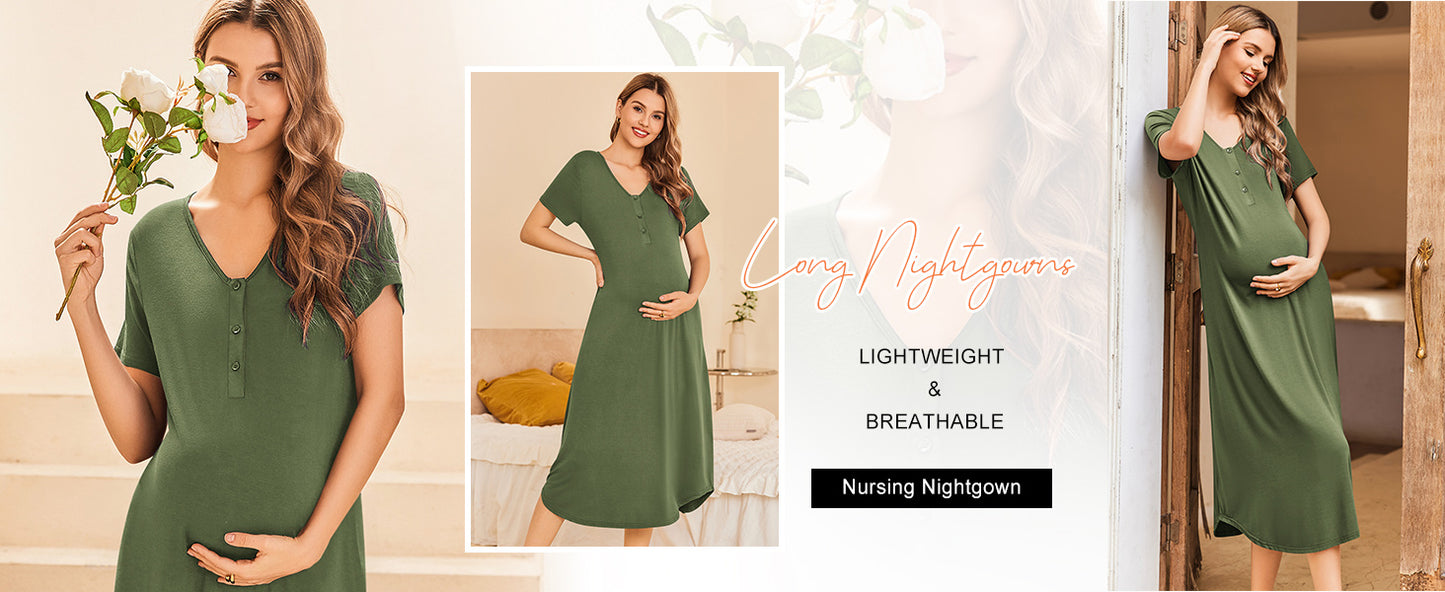 Ekouaer Womens Maternity Nightgown for Hospital Pregnancy Long Nightgowns Nursing Night Gown for Breastfeeding Army Green M