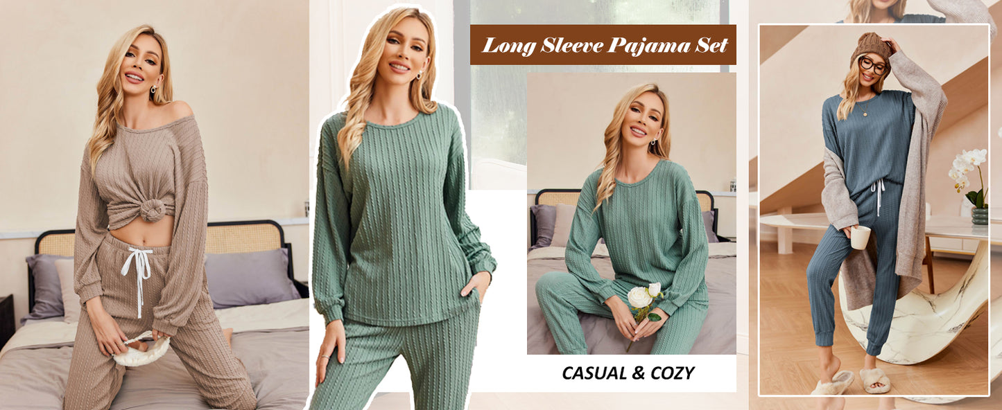 Ekouaer Womens Pajamas Set Ribbed Knit Long Sleeve Pullover Top Jogger Pants Set 2 Piece Lounge Set Sleepwear Tracksuit