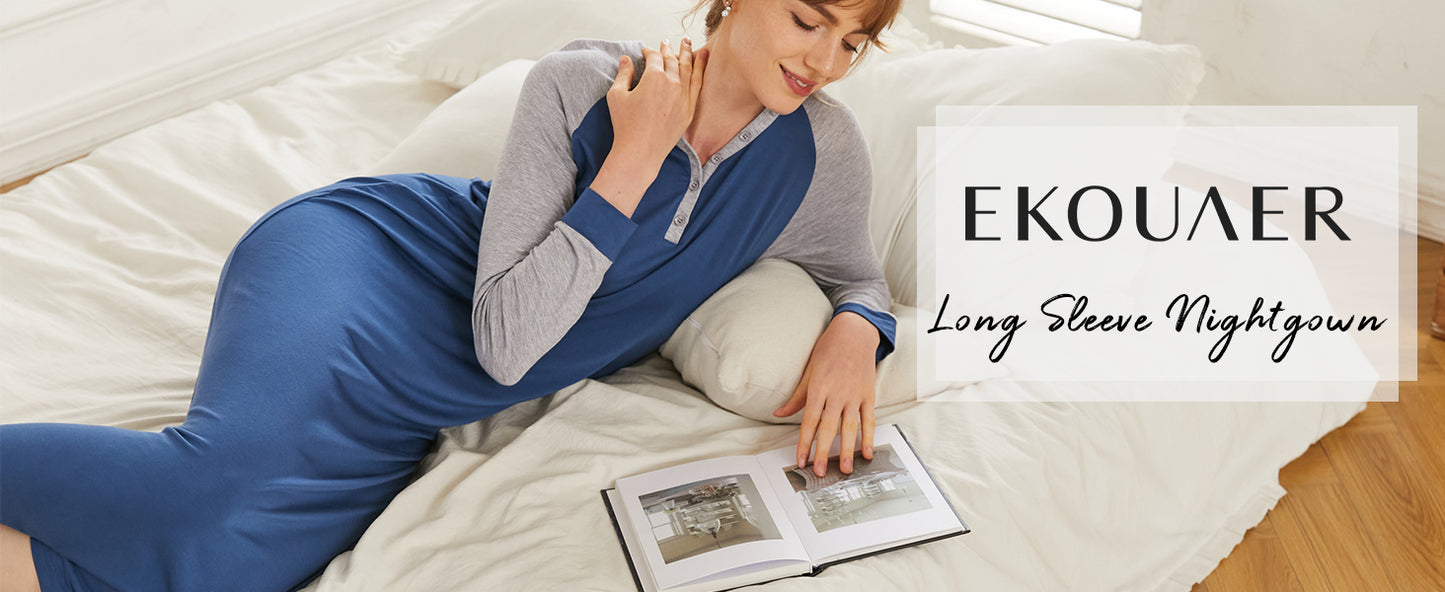 Ekouaer Nightgown Long Sleeve for Women Sleepwear V Neck Loungewear Button Full Length Nightshirt