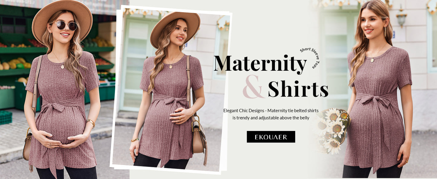 Ekouaer Maternity Tops Short Sleeve Pregnancy Shirts Tee Tunic Casual T Shirt Ribbed Knit Pregnant Clothes
