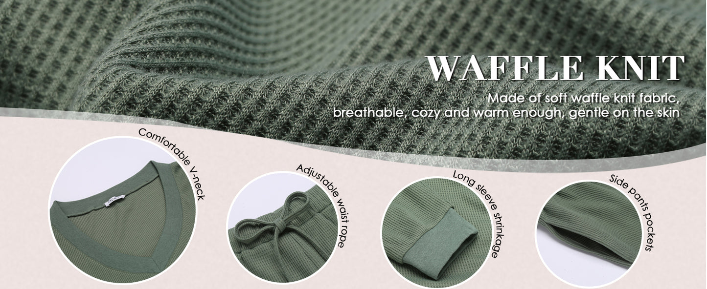 Ekouaer Womens Pajama Set Waffle Knit Lounge Set V Neck Off Shoulder Sleepwear Long Sleeve Top and Shorts 2 Piece Sweatsuit