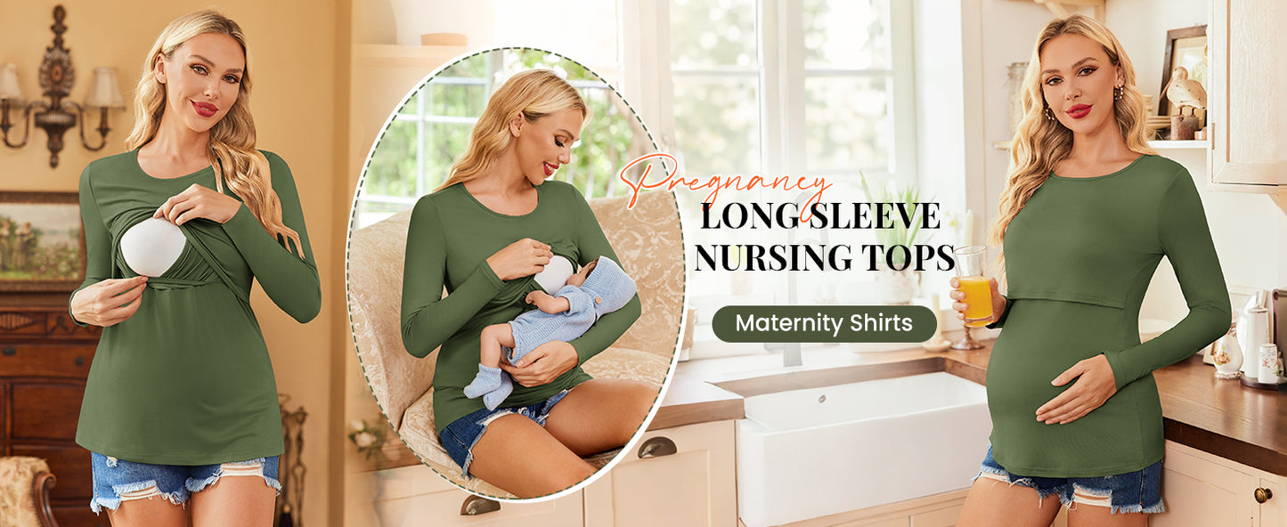 Ekouaer Women 3 Packs Nursing Shirts Long Sleeve Breastfeeding Tops Round Neck Postpartum Clothes Double Layer Maternity Tee