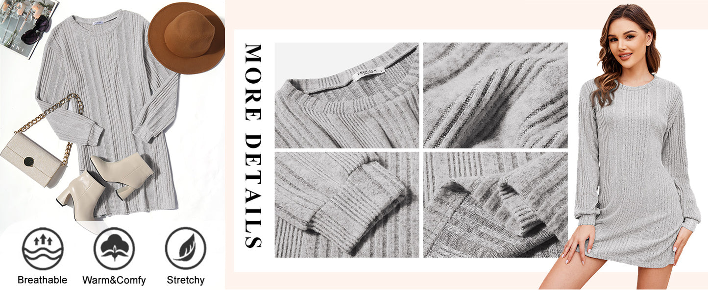 Ekouaer Women's Nightgown Long Sleeve Ribbed Knit Nightshirt Round Neck Sleep Shirt Soft Sweater Dress