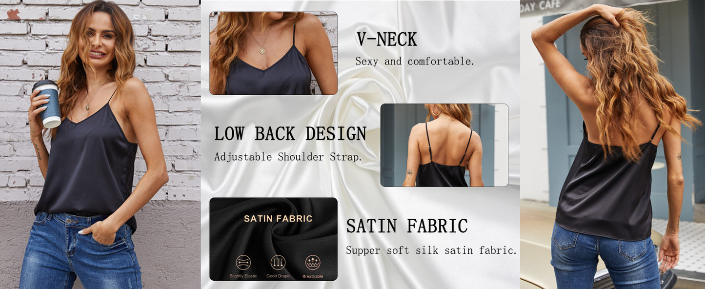 Ekouaer Women's 2 Pcs Satin Camisole Silky Pajama Tank Tops V Neck Soft Spaghetti Strap Loose Basic Sleepwear