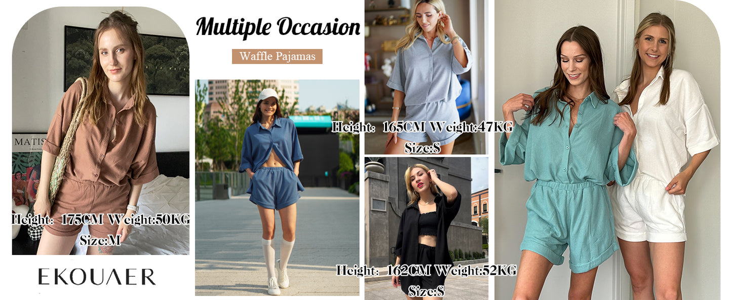 Ekouaer Waffle Knit Lounge Sets for Women Short Sleeve Pajamas Button Down Pjs Oversized Loungewear Shorts Set